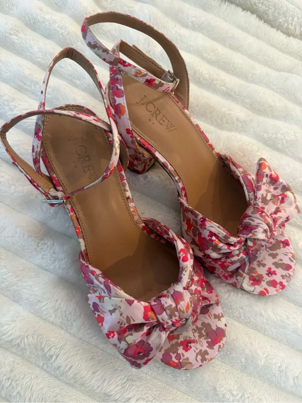 J. Crew Floral Pink Block Heel Sandal with Ankle Strap